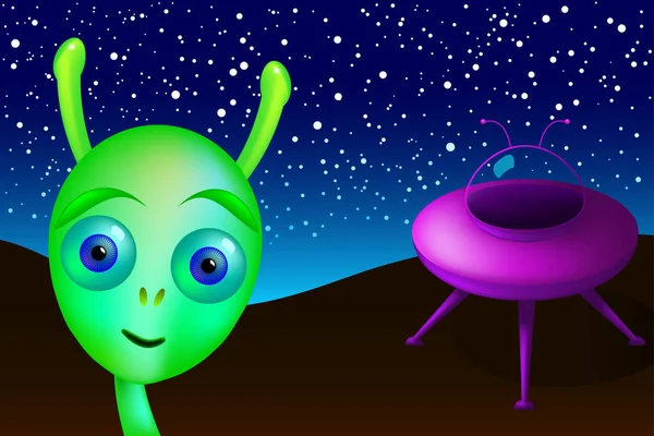 Pequeno Alienígena Verde Com Disco Roxo Visita Terra Homem Verde — Vetor de Stock