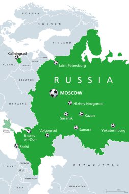 Futbol Rusya 2018, mekanları haritası. Futbol. Rusya Federasyonu Avrupa ve Batı bölümü başkent Moskova, kenarlıklar ve komşu ülkeler. İngilizce etiketleme. Resimde beyaz üzerinde. Vektör.