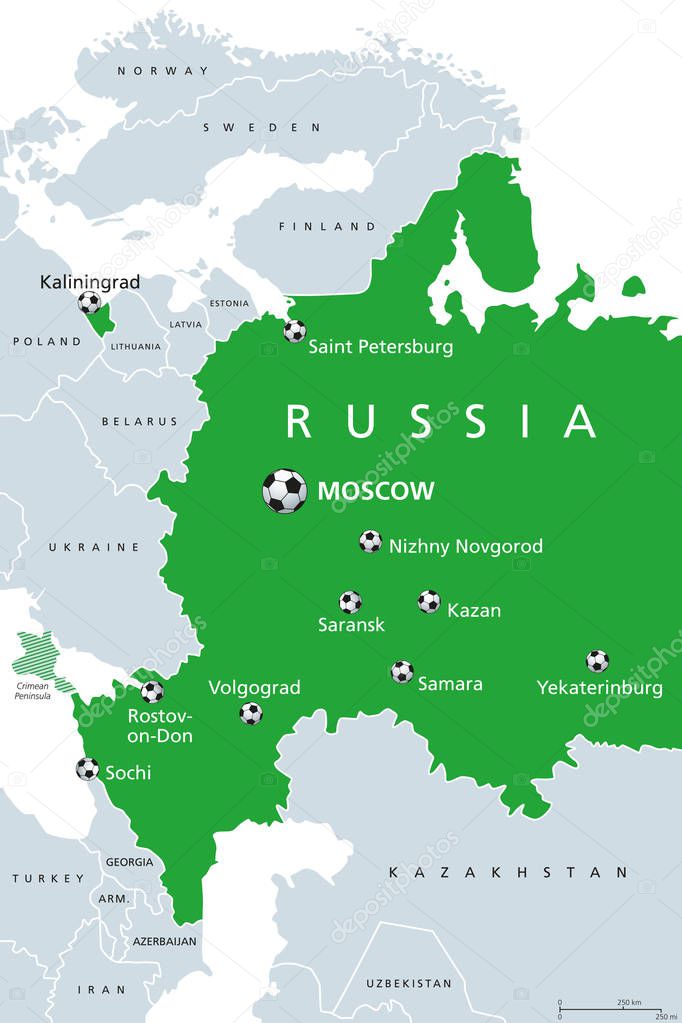 Football in Russia 2018, map of venues. Soccer. European and western part of Russian Federation with capital Moscow, borders and neighbor countries. English labeling. Illustration over white. Vector.