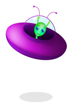 Yeşil uzaylı uçan daire beyaz arka plan ile. Mor uçan daire ile küçük yeşil adam Marslı. Dünya dışı ve Ufo, tanımlanamayan uçan cisim. İzole illüstrasyon. Vektör.
