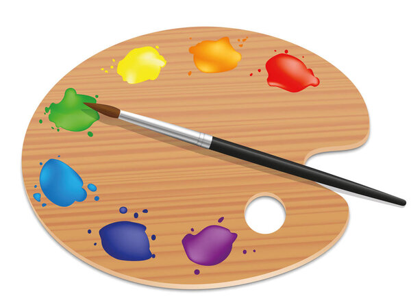 Палитра художников. Картина деревянная доска с различными цветами и кистью. Изолированная векторная иллюстрация на белом фоне
.