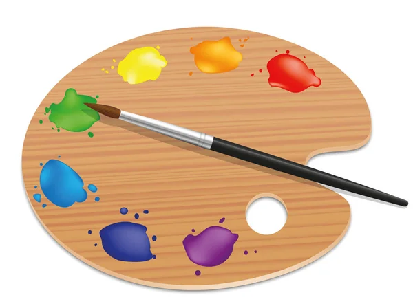 Paleta Artistas Pintar Tabla Madera Con Diferentes Colores Pincel Ilustración — Vector de stock