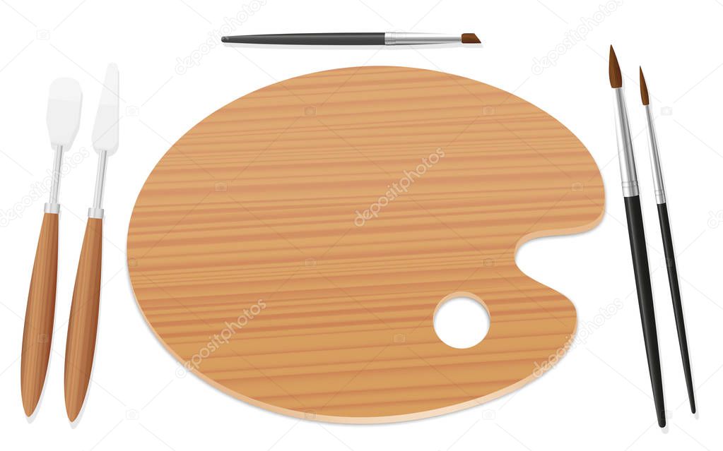 Table setting with an artists palette, paintbrushes and spatulas instead of plate and cutlery. Symbol for enjoyment of art, desire to paint, appetite for creativity. Isolated vector on white.