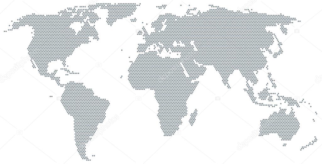 Map of the world made of gray dots. Dotted silhouette, outline and surface of the Earth under Robinson projection. Dots in a row. Isolated illustration on white background. Vector.