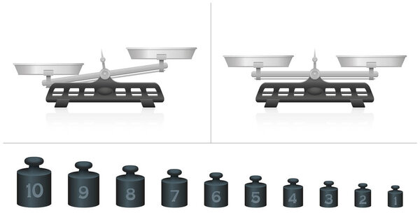 Two pan scales, unequal and equal weightiness, ten different weights for calculation, comparing, counting and weighing. Isolated vector illustration on white background.