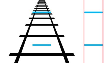 Ponzo yanılsama, geometrik optik yanılsama. Her iki mavi yatay çizgiler aynı uzunlukta vardır. İnsan zihni, arka plan dayalı bir nesnenin boyutunu hakimler. Resimde beyaz üzerinde. Vektör.