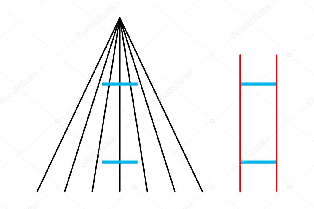 Ponzo geometrical optical illusion. Both blue horizontal lines are the same length. The human mind judges the size of an object based on its background. Isolated illustration. White background. Vector