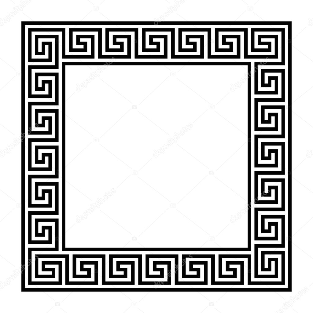 Square frame with seamless meander pattern. Meandros, a decorative border, constructed from continuous lines, shaped into a repeated motif. Greek fret or Greek key. Illustration over white. Vector.