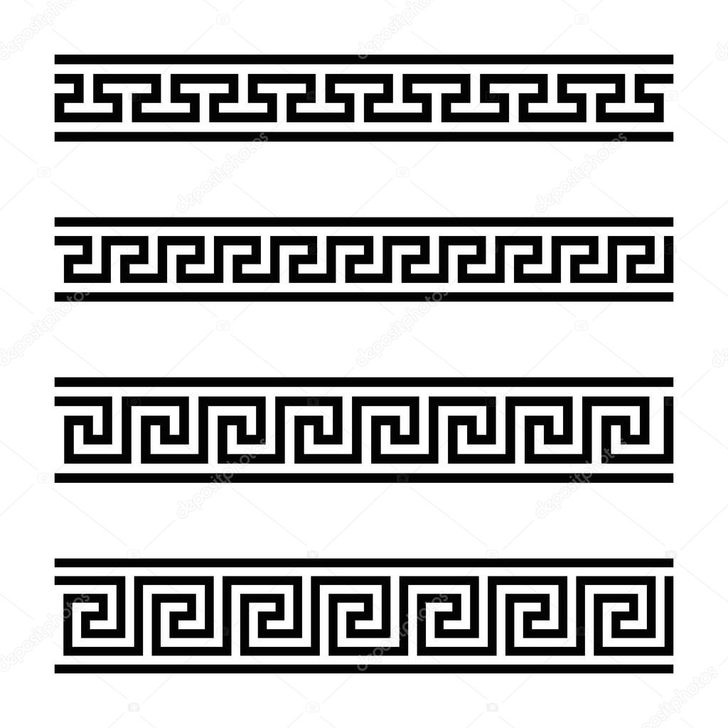 Four seamless meander designs. Meandros, a decorative border, constructed from continuous lines, shaped into a repeated motif. Greek fret or Greek key. Black and white illustration over white. Vector.