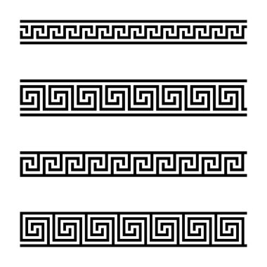 Beyaz arka planda kesintisiz menderes desenleri. Meandros, Dekoratif kenarlık, sürekli çizgiler, tekrarlanan bir motif şeklinde yapılmış. Ayrıca Yunan perde ya da Yunan anahtar. Siyah beyaz resim. Vektör