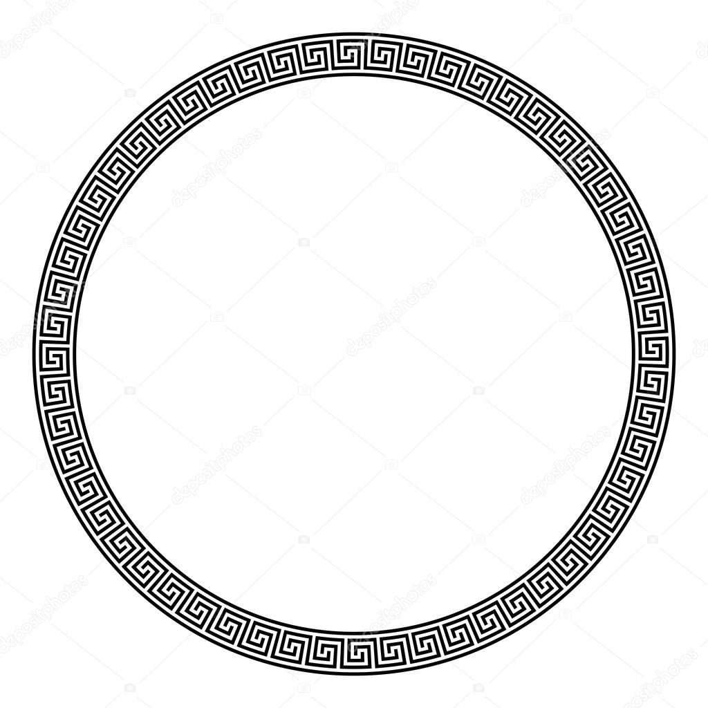 Circle frame made of seamless meander pattern. Meandros, a decorative border, constructed from continuous lines, shaped into a repeated motif. Greek fret or Greek key. Illustration over white. Vector.