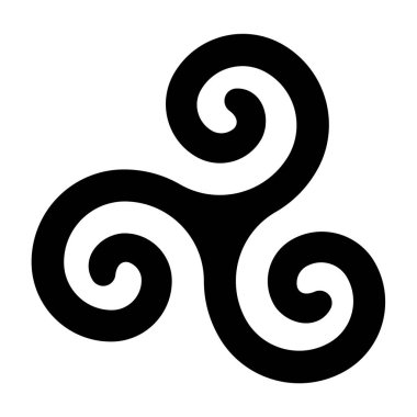 Beyaz arka planda siyah Kelt sarmal triskele. Triskelion. Dönme Simetri sergileyen bir üçlü sarmal oluşan bir motif. Üç bükülmüş ve bağlı spiraller. İzole illüstrasyon. Vektör.
