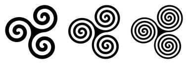 Üç siyah Kelt triskelion spiraller beyaz üzerinde. Spiraller iki, üç ve dört döner ile üçlü. Bükülmüş ve bağlı spiraller, dönel simetri sergileyen bezeme. İzole illüstrasyon. Vektör.