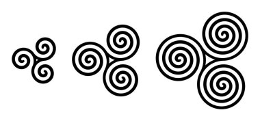Beyaz üzerine siyah Celtic triskelion spiraller. Spiraller iki, üç ve dört döner ile üçlü. Motifler üç bükülmüş ve dönme Simetri sergilenmesi spiraller, bağlı. İzole illüstrasyon. Vektör.
