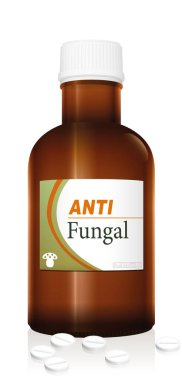 Anti fungal tıp şişe ilaç şişe Antifungal bir mantar ile marka logosu, tıbbi bir sahte ürün adı. Beyaz arka plan üzerinde izole vektör çizim.