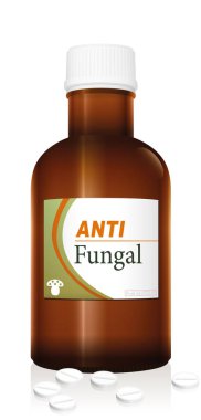 Anti Fungal Medicine Bottle Medicine bottle named ANTIFUNGAL with a fungus as the brand logo, a medical fake product. Isolated vector illustration on white background. clipart