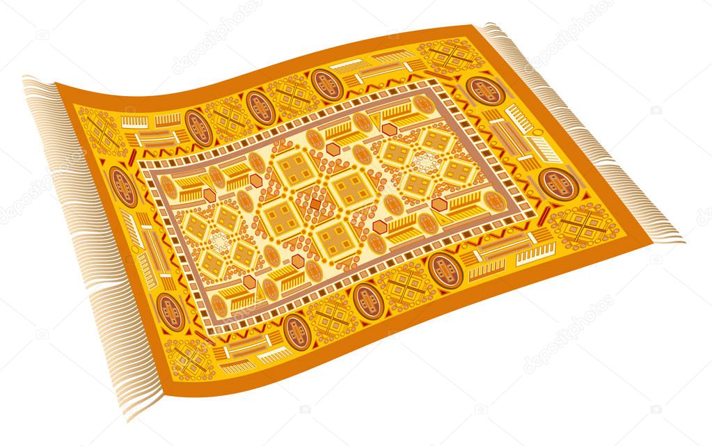 Magic carpet. Flying carpet with orange, yellow and red pattern. Isolated vector illustration on white background.
