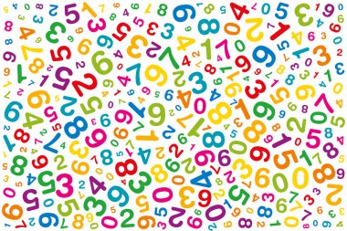 Renkli numaraları bükülmüş. Rastgele dağıtılmış rakamları. Numeroloji veya verileri seli için sembol görüntü. Bir sıfır olarak farklı boyutlarda ve açıları dağınık. Resimde beyaz arka plan üzerinde. Vektör.