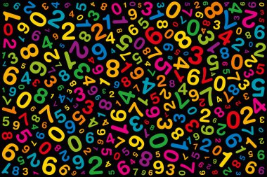 Renkli numaraları bükülmüş. Rastgele dağıtılmış rakamları. Numeroloji veya verileri seli için sembol görüntü. Bir sıfır olarak farklı boyutlarda ve açıları dağınık. Resimde siyah arka plan üzerine. Vektör.
