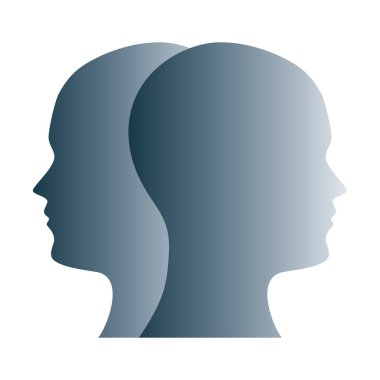 Janus face symbol made of gray silhouettes of two heads. Two overlapping heads as sign for duality, anxiety, uncertainty and other psychological problems and questions. Illustration over white. Vector clipart
