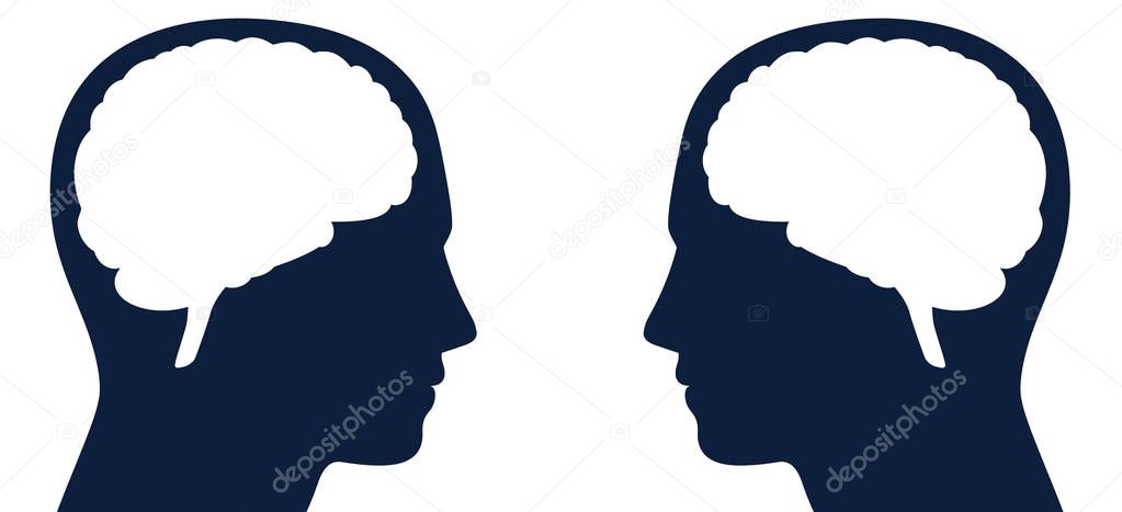 Two heads with brain silhouette facing each other. Symbol for same or different kind of thoughts, intelligence or communication, for thought-reading, telepathy, adverse opinions, contrary ideas.