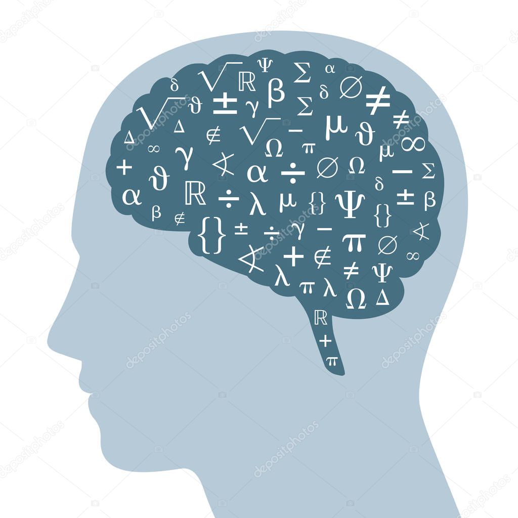 Mathematical symbols in a dark gray brain and silhouette of a head. Some symbols from mathematics, white colored, in a darker brain area. Isolated illustration on white background. Vector.