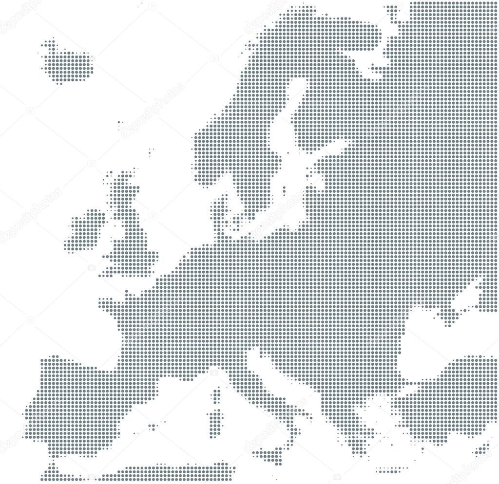 Silhouette of Europe. Gray halftone dots, varying in size and spacing. Map of Europe. Dotted outline and surface under Robinson projection. Isolated ilustration on white background. Vector.