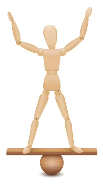 Sichere Position Balanceakt Einer Holzfigur Die Mit Einem Sicheren Und — Stockvektor