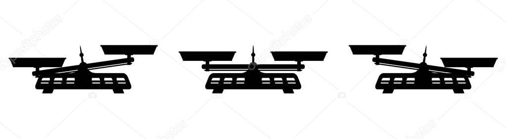 Weighing scale icon with two perfectly balanced pans and a pointer in the middle. Black illustration on white background.