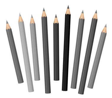 Gri kalem - farklı tonları ve uzunlukları - gevşek düzenlenmiş - gri açık gri derin siyah tonları. Beyaz vektör.
