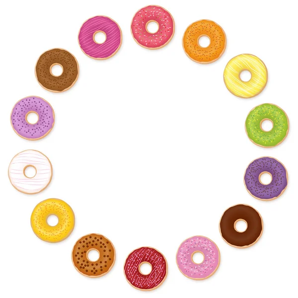 Donuts Cirkel Veel Verschillende Smaken Geïsoleerde Vectorillustratie Witte Achtergrond — Stockvector