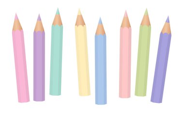 Pastel renkler. Yumuşak renkli bebek boya kalemi. Kısa kalemleri gevşek düzenlenmiştir. Beyaz arka plan üzerinde izole vektör çizim.