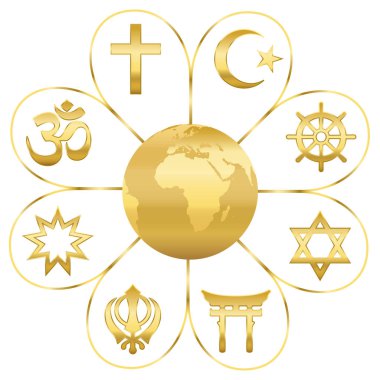 World religions united on a golden flower with planet earth in center. Signs of major religious groups and religions. Christianity, Islam, Hinduism, Buddhism, Taoism, Shinto, Sikhism and Judaism. clipart