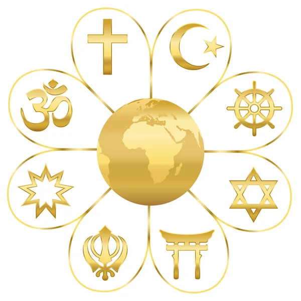 World Religions United Golden Flower Planet Earth Center Signs Major — Stock Vector