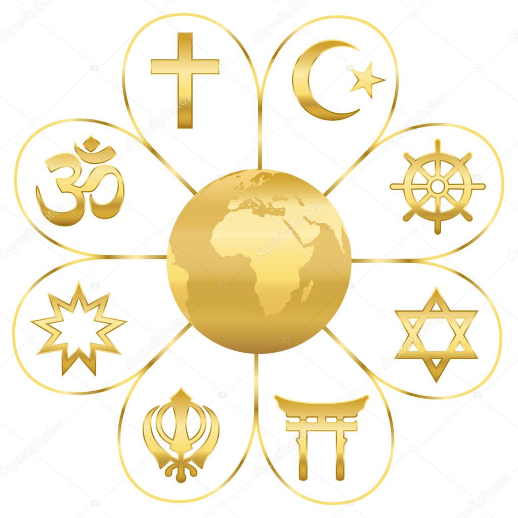 World religions united on a golden flower with planet earth in center. Signs of major religious groups and religions. Christianity, Islam, Hinduism, Buddhism, Taoism, Shinto, Sikhism and Judaism.