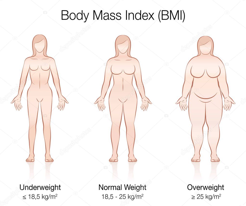 Body Mass Index BMI. Underweight, normal weight and overweight female body. Isolated vector illustration of three women with different anatomy.