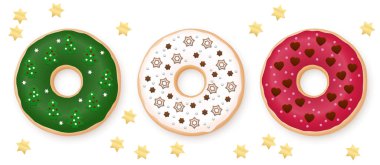 Noel çörek ayarla. Yeşil, beyaz ve kırmızı halka tatlı Festival fondan ile - çikolata, şekerleme ve şeker yıldız, çam ağaçları, kar taneleri ve kalpleri dekore edilmiş. Beyaz izole vektör.