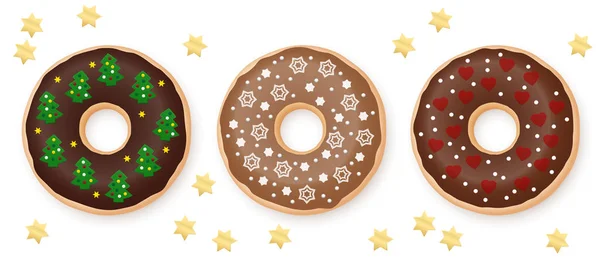 Vánoční Čokoládové Koblihy Set Zdobí Sladké Sváteční Fondán Hvězdy Sněhové — Stockový vektor