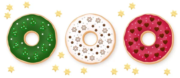 圣诞甜甜圈设置 白色和红色甜甜圈点缀着甜美的节日软糖 巧克力 杏仁饼和糖星 冷杉树 雪花和心脏 白色的孤立矢量 — 图库矢量图片