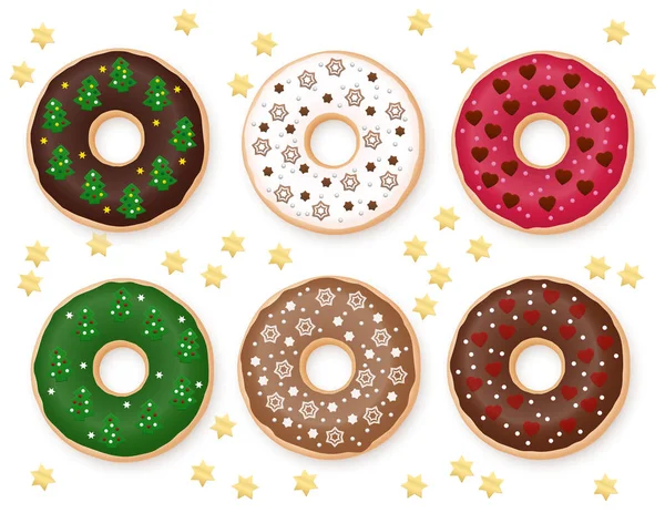 Donuts Speciale Christmas Collection Zes Feestelijke Gedecoreerde Donuts Yummy — Stockvector