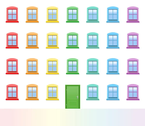 Frente Casa Colorida Com Porta Entrada Verde Muitas Janelas Coloridas —  Vetores de Stock