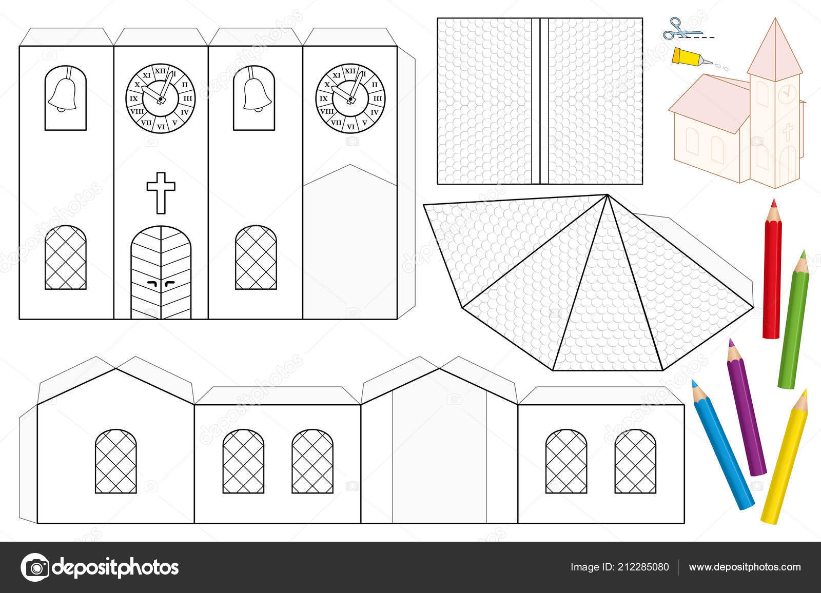 Church Paper Craft Sheet Unpainted Cut Out Template Children Coloring Stock Vector C Furian