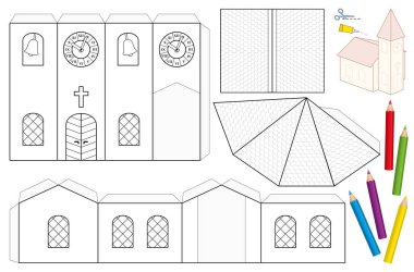 Kilise kağıt el sanatları sayfası. Boyanmamış boşaltma şablon çocuk boyama ve modeli kilise çan kulesi, NEF, çatılar, vitray pencereler, kapı, çapraz, çan kulesi ile ölçek, saat kulesi 3d yapmak için için.
