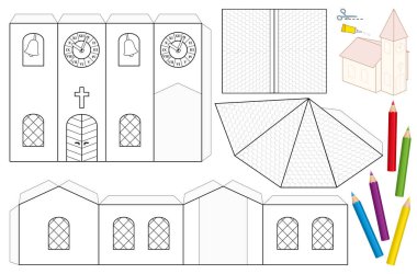 Church paper craft sheet. Unpainted cut-out template for children for coloring and making a 3d scale model church with steeple, nave, roofs, stained glass windows, door, cross, belfry, tower clock. clipart