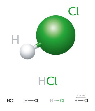 HCl. Hydrogen chloride. Molecule model, chemical formula, ball-and-stick model, geometric structure and structural formula. Hydrogen halide. Hydrochloric acid. Illustration on white background. Vector clipart