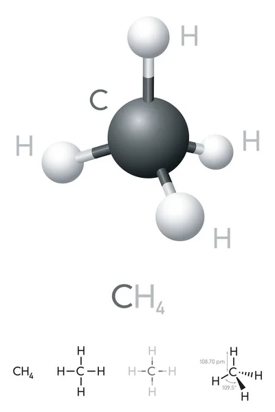 Ch4 分子模型和化学公式 化合物 天然气 球杆模型 几何结构和结构公式 在白色背景上的插图 — 图库矢量图片