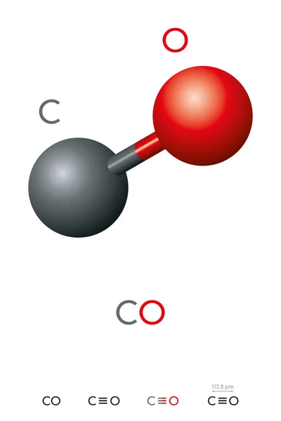 一氧化碳 分子模型和化学公式 有毒气体 密度低于空气 球杆模型 几何结构和结构公式 在白色背景上的插图 — 图库矢量图片
