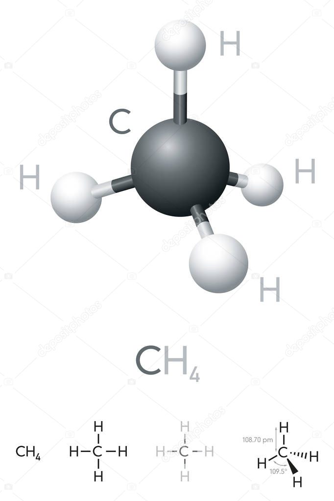 Methane, CH4, molecule model and chemical formula. Chemical compound. Marsh gas. Natural gas. Ball-and-stick model, geometric structure and structural formula. Illustration on white background. Vector