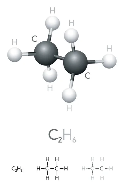 C2H6 分子模型和化学公式 有机化学化合物 无色气体 球杆模型 几何结构和结构公式 在白色背景上的插图 — 图库矢量图片