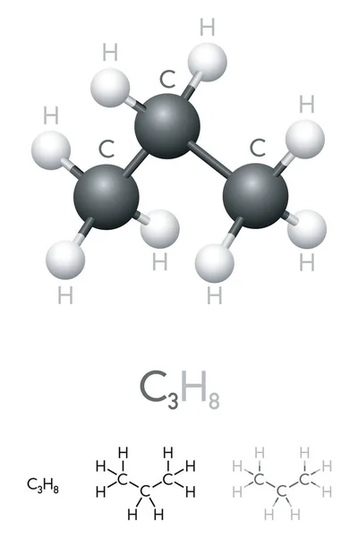 C3H8 分子模型和化学公式 有机化学化合物 用作液化石油气 球杆模型 几何结构和结构公式 — 图库矢量图片